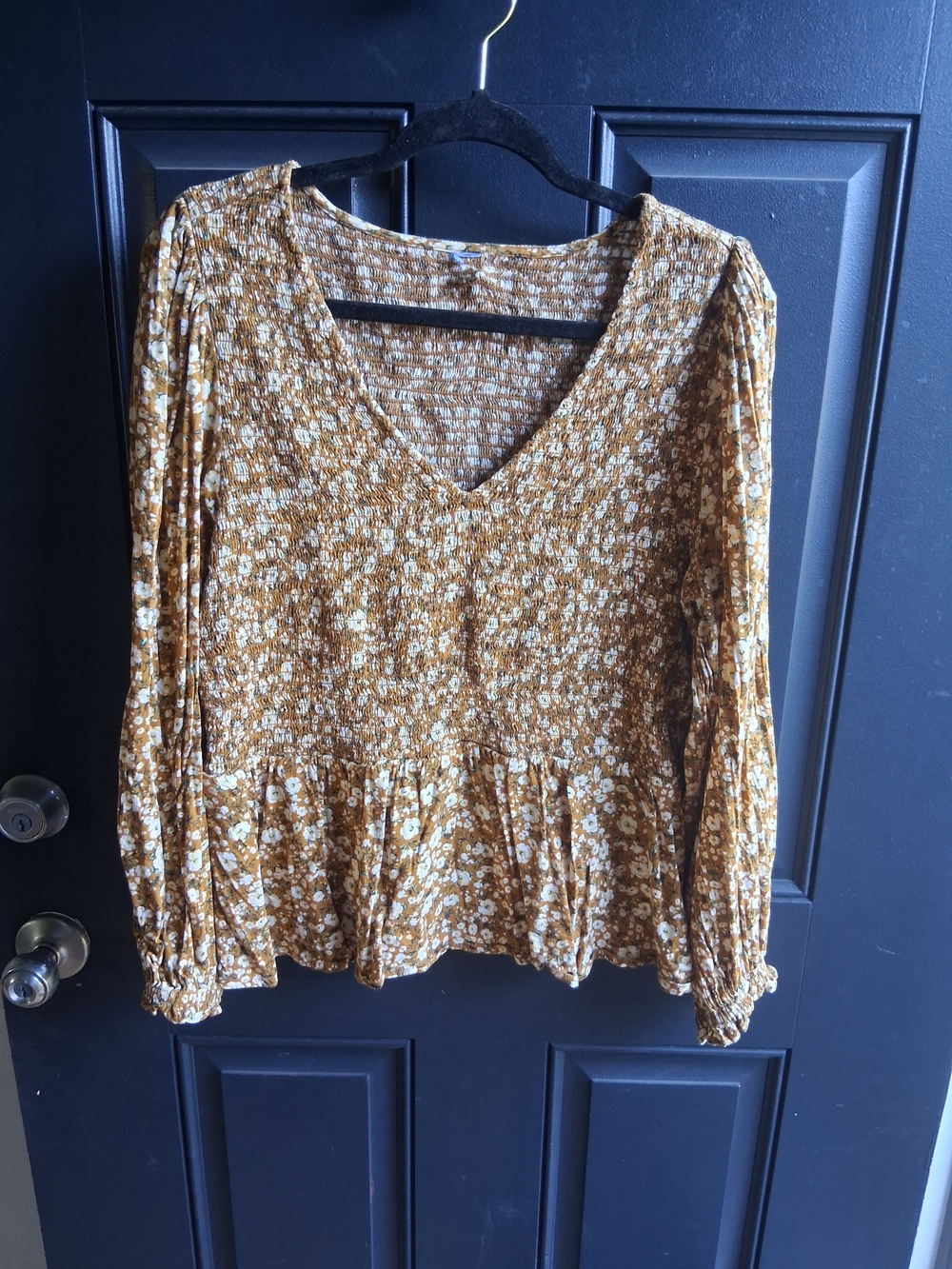 Floral V-Neck Peplum Blouse in Mustard